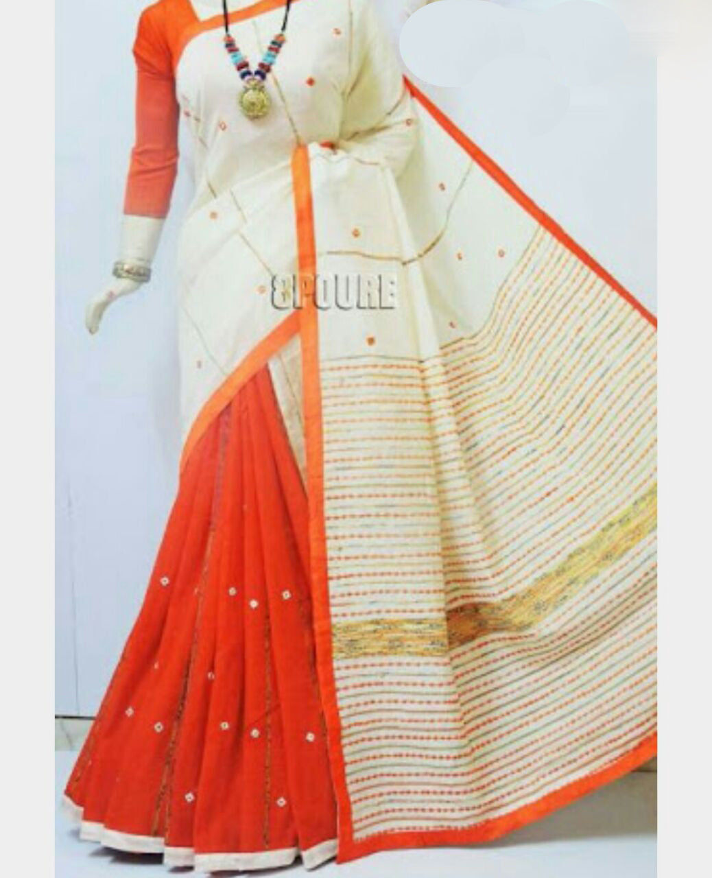 White Orange Mirror Work Khesh Sarees - Dailybuyys