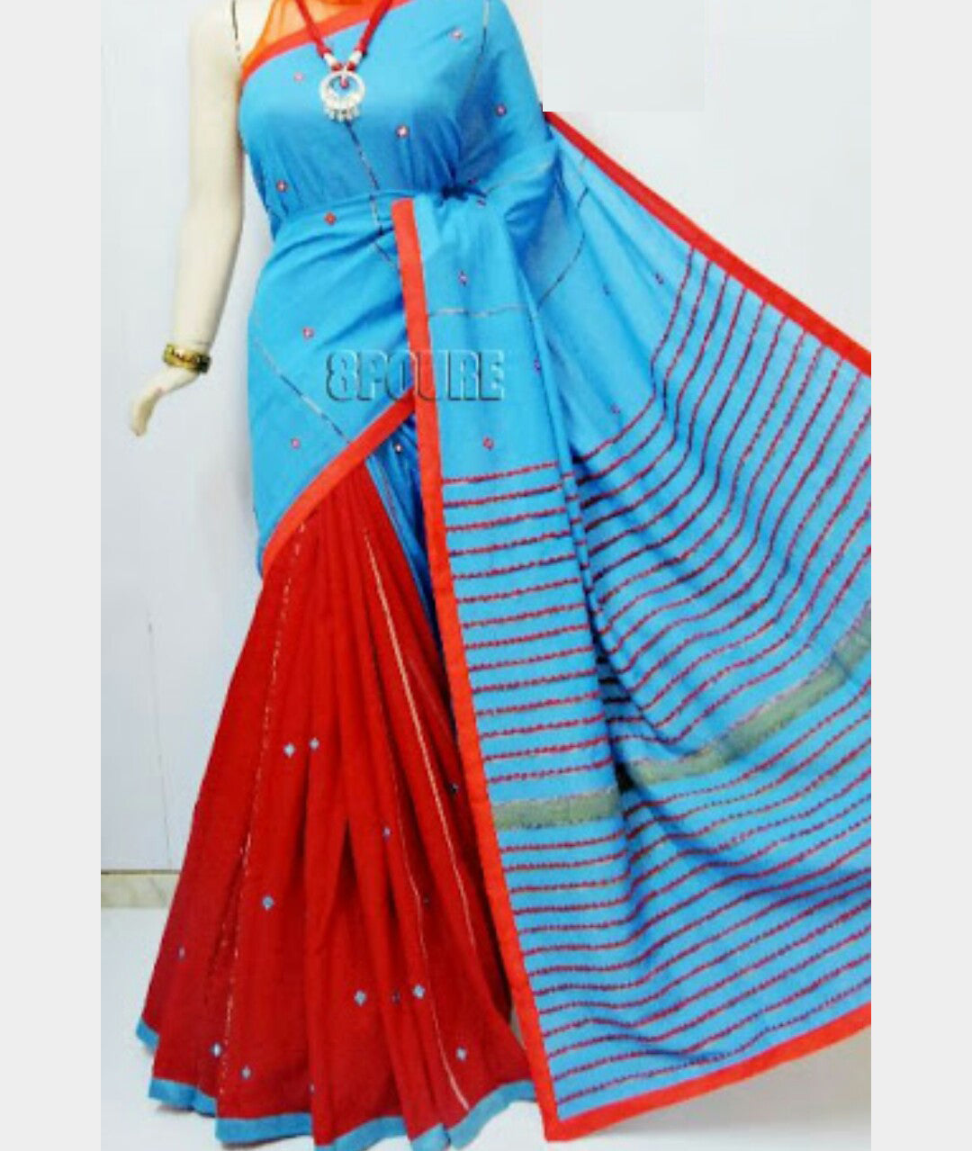 Blue Red Mirror Work Khesh Sarees - Dailybuyys
