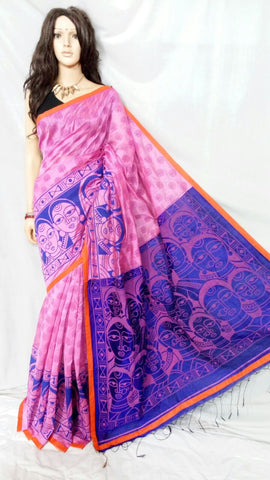 Pink Blue Block Print Kalamkari Sarees Get Extra 10% Discount on All Prepaid Transaction