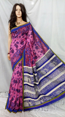 Pink Purple Block Print Kalamkari Sarees Get Extra 10% Discount on All Prepaid Transaction