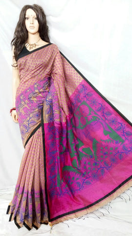 Pink Purple Block Print Kalamkari Sarees Get Extra 10% Discount on All Prepaid Transaction