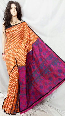 Orange Purple Block Print Kalamkari Sarees Get Extra 10% Discount on All Prepaid Transaction