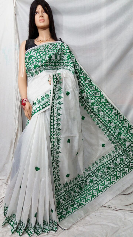 White Green Kathiawari Sarees - Dailybuyys