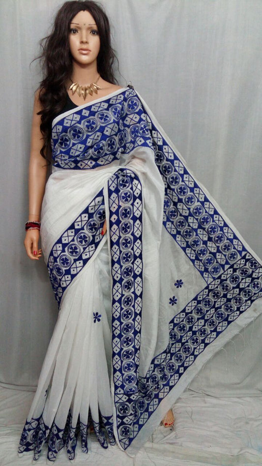 White Blue Kathiawari Sarees - Dailybuyys
