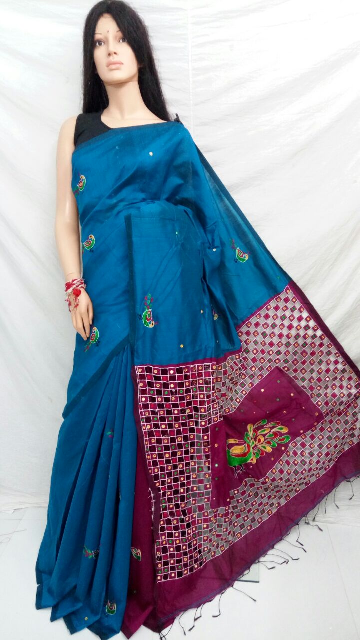 Blue Red Kathiawari Sarees - Dailybuyys