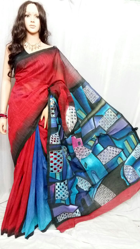 Red Blue Kathiawari Sarees - Dailybuyys