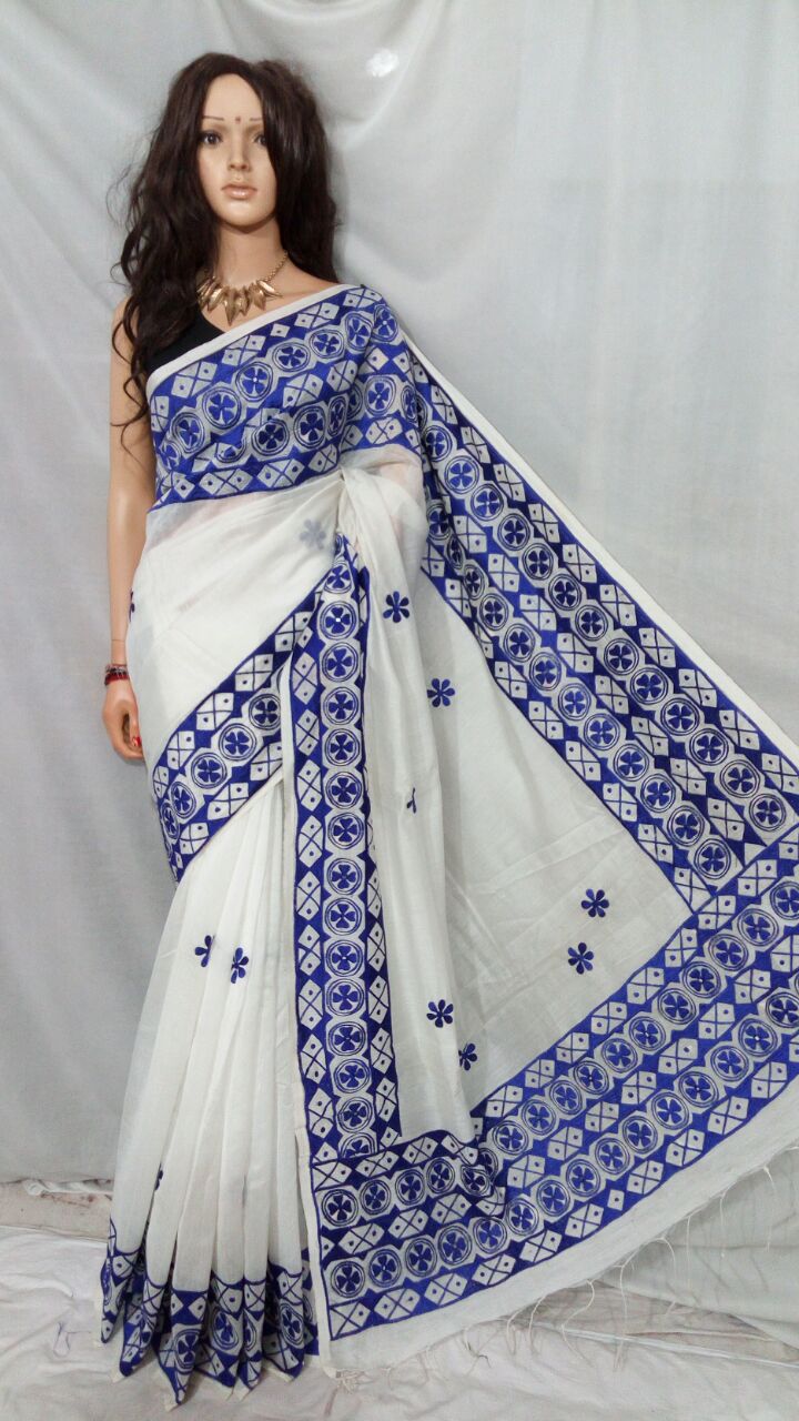 White Blue Kathiawari Sarees - Dailybuyys