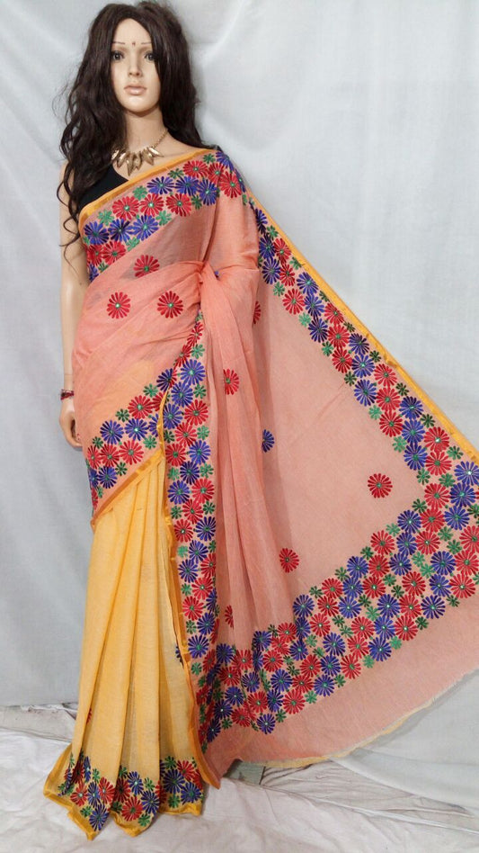 Pink Yellow Kathiawari Sarees - Dailybuyys