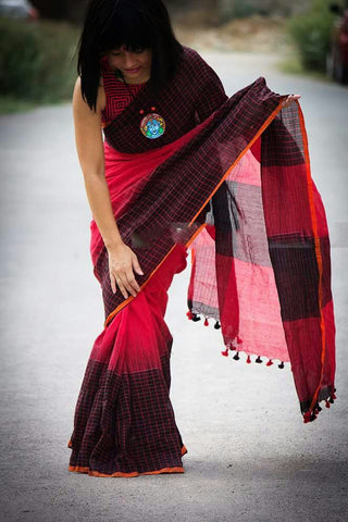 Khadi Khesh Cotton Saree With Maroon and Grey Stripe - Byhand I