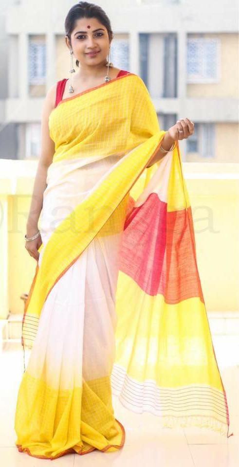 Yellow White Bengal Handloom Khadi Sarees Get Extra 10% Discount on All Prepaid Transaction