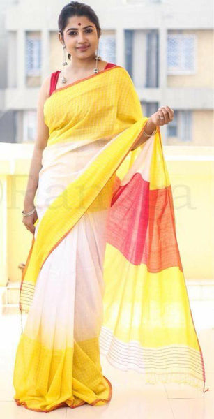 Yellow White Bengal Handloom Khadi Sarees