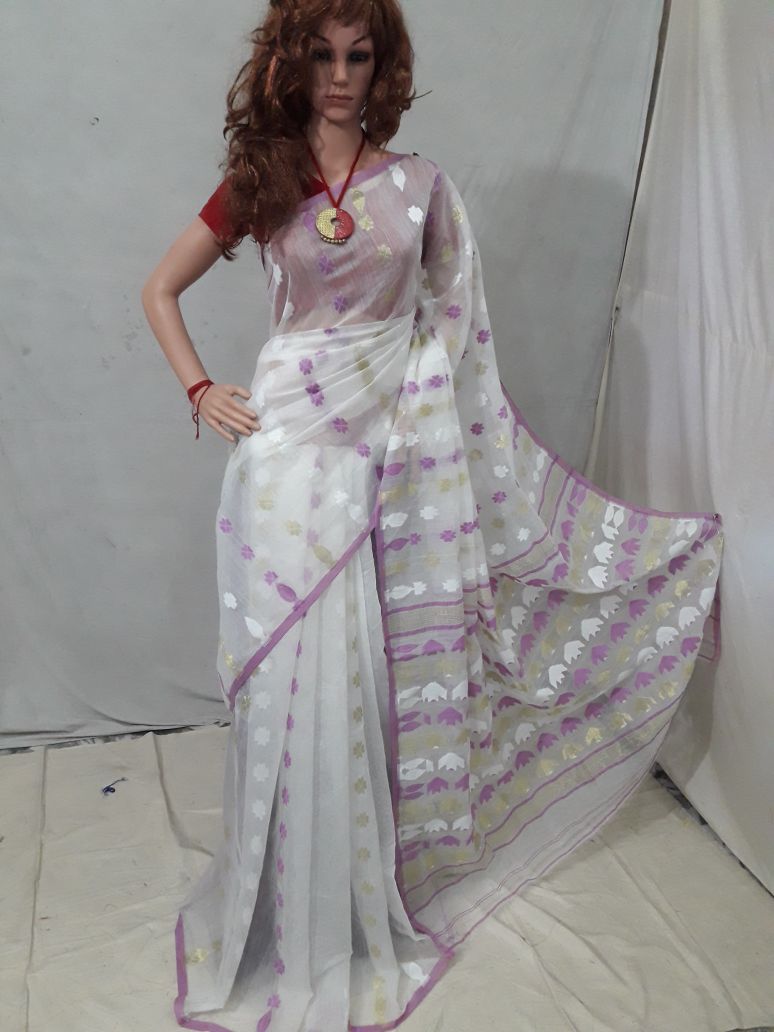 White Dhakai Jamdani Sarees - Dailybuyys