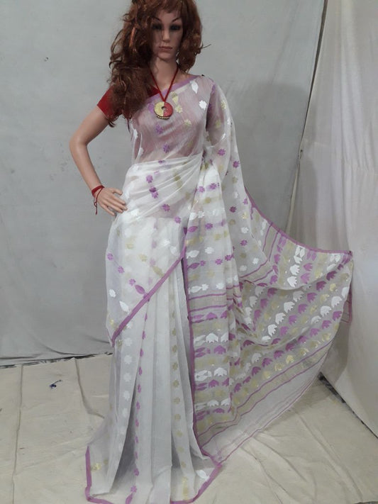 White Dhakai Jamdani Sarees - Dailybuyys