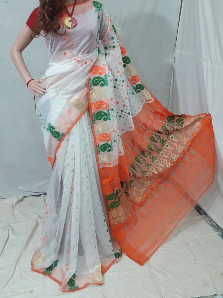 White Dhakai Jamdani Sarees - Dailybuyys