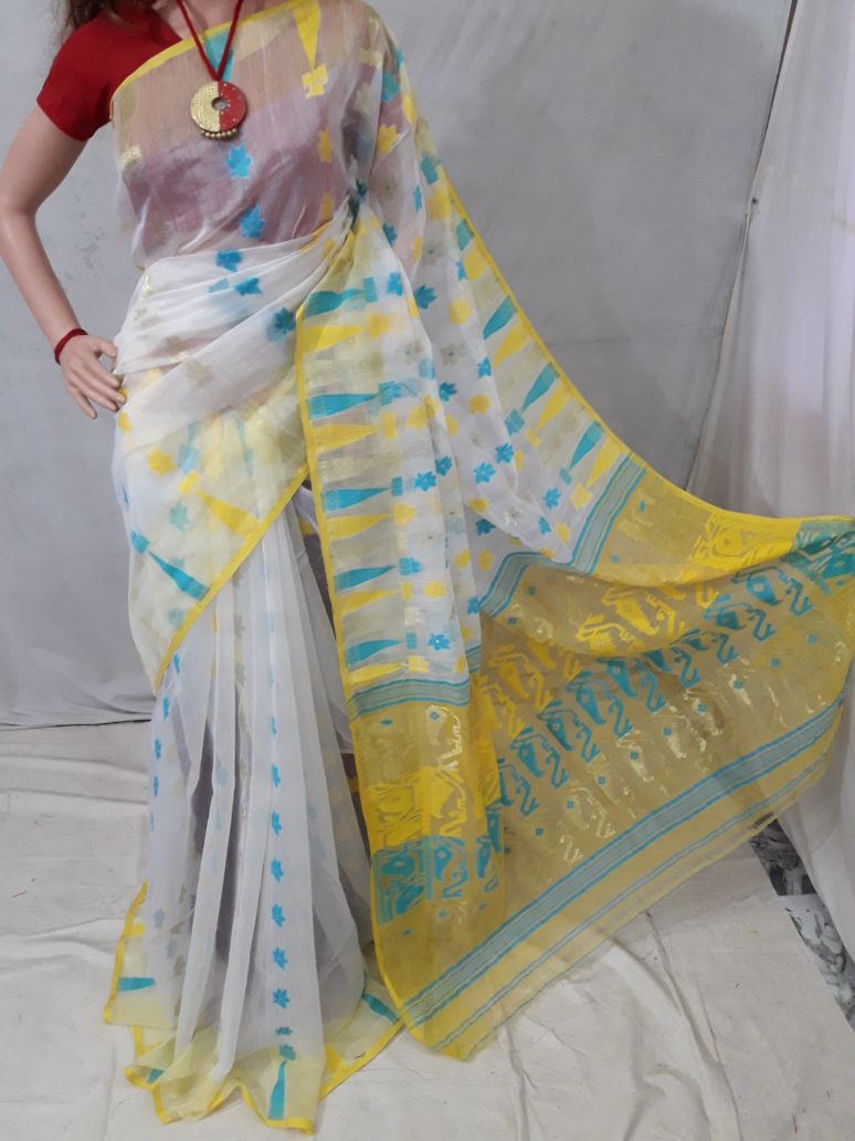 White Dhakai Jamdani Sarees - Dailybuyys