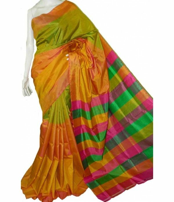 Yellow Green Pure Silk Mark Certified Murshidabad Silk Sarees - Dailybuyys