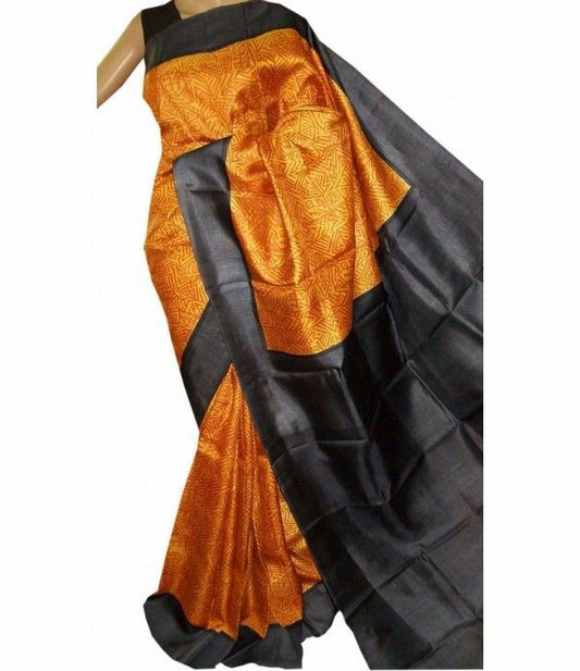 Yellow Black Pure Silk Mark Certified Murshidabad Silk Sarees - Dailybuyys