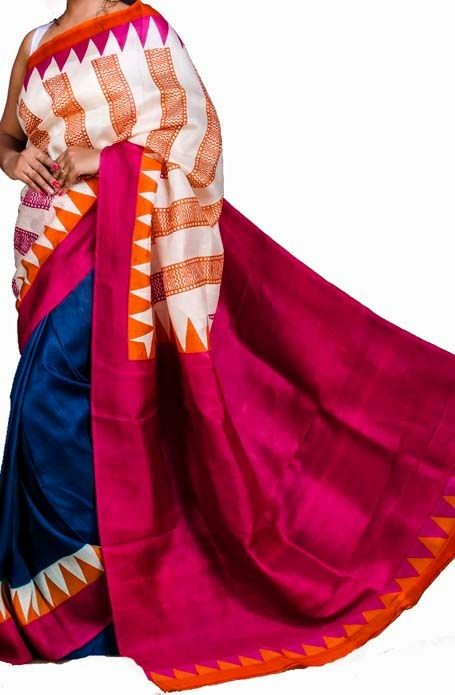 Maroon Blue Pure Silk Mark Certified Murshidabad Silk Sarees - Dailybuyys