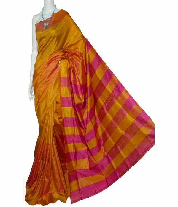 Yellow Red Pure Silk Mark Certified Murshidabad Silk Sarees - Dailybuyys