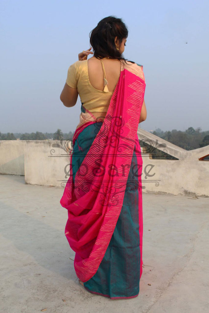 Handloom Ghicha Stripe Saree - Navy