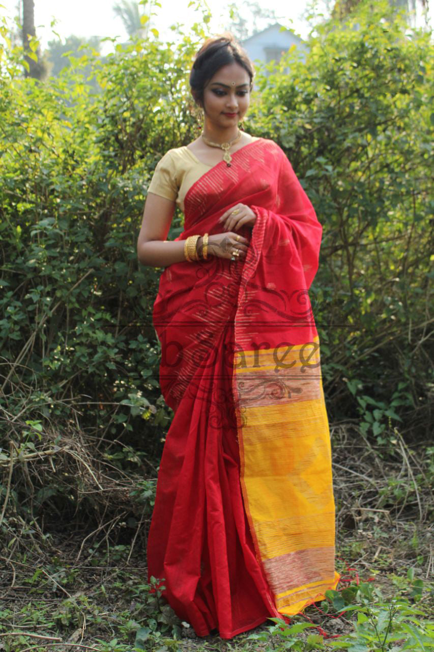 Red Yellow Handloom Ghicha Sarees - Dailybuyys