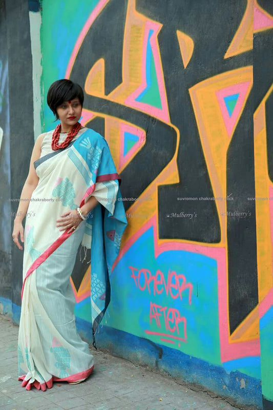 Blue White Pure Cotton Silk Sarees - Dailybuyys