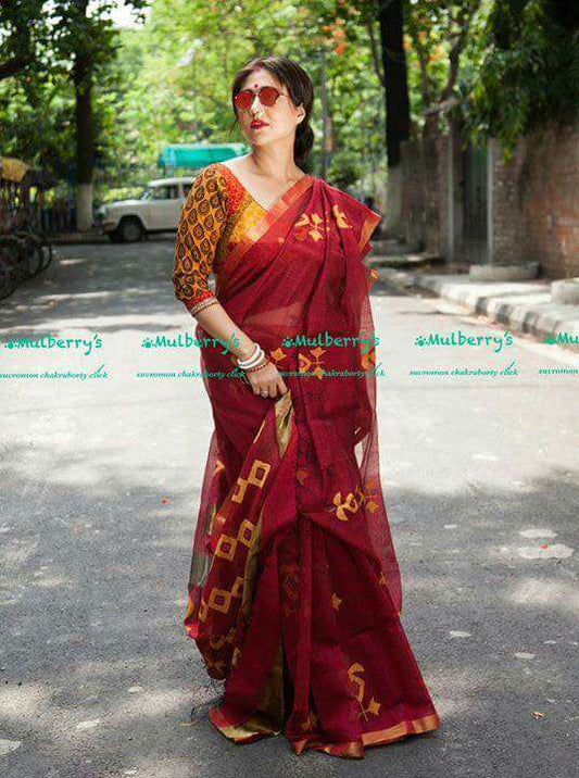 Red Pure Cotton Silk Sarees - Dailybuyys