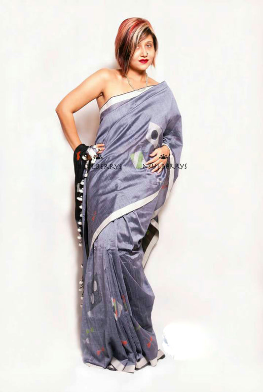 Grey Pure Cotton Silk Sarees - Dailybuyys