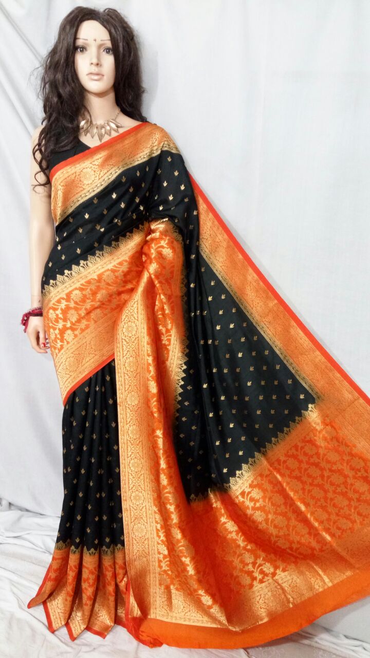 Black Orange Maheshmati Silk Sarees - Dailybuyys