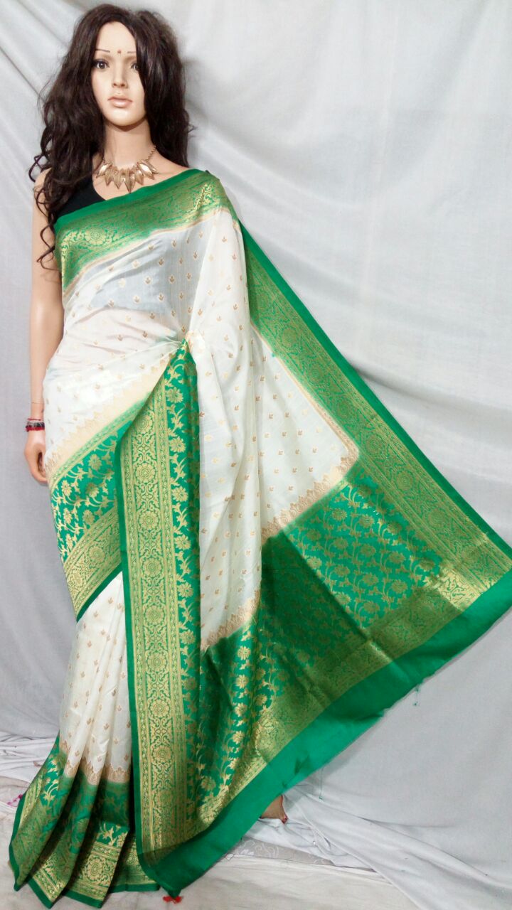 Off White and Mehendi Green half n half with Goden Border Multidye Linen  Saree - Loomfolks