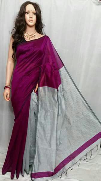 Purple White Pure Cotton Silk Sarees - Dailybuyys
