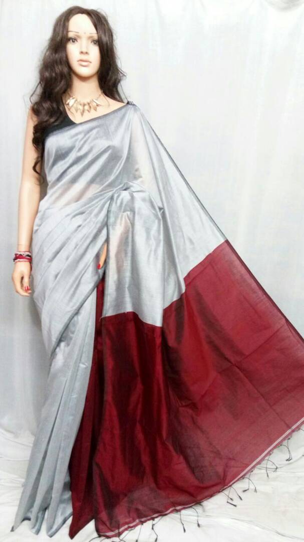 White Maroon Pure Cotton Silk Sarees - Dailybuyys
