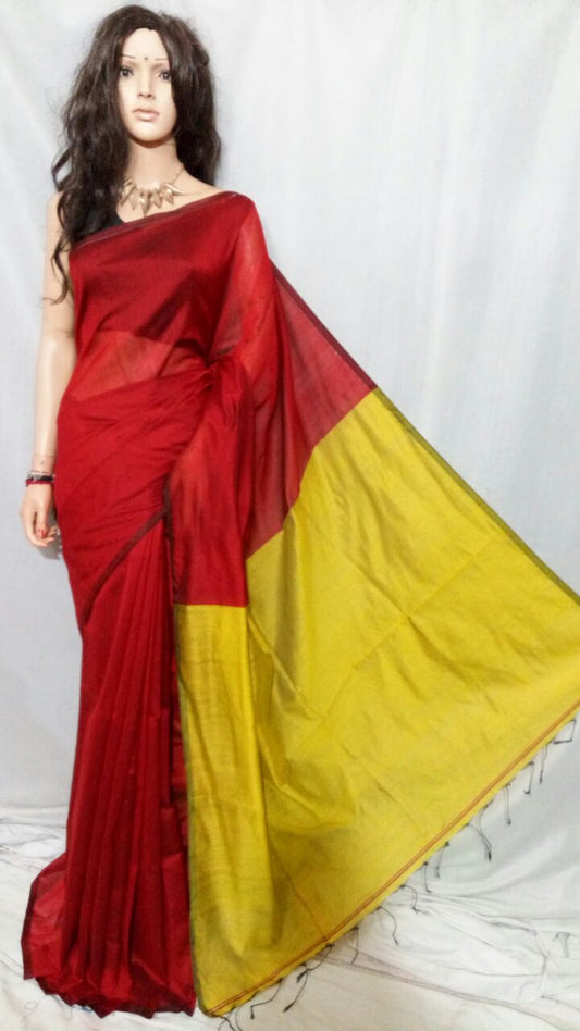 Red Yellow Pure Cotton Silk Sarees - Dailybuyys