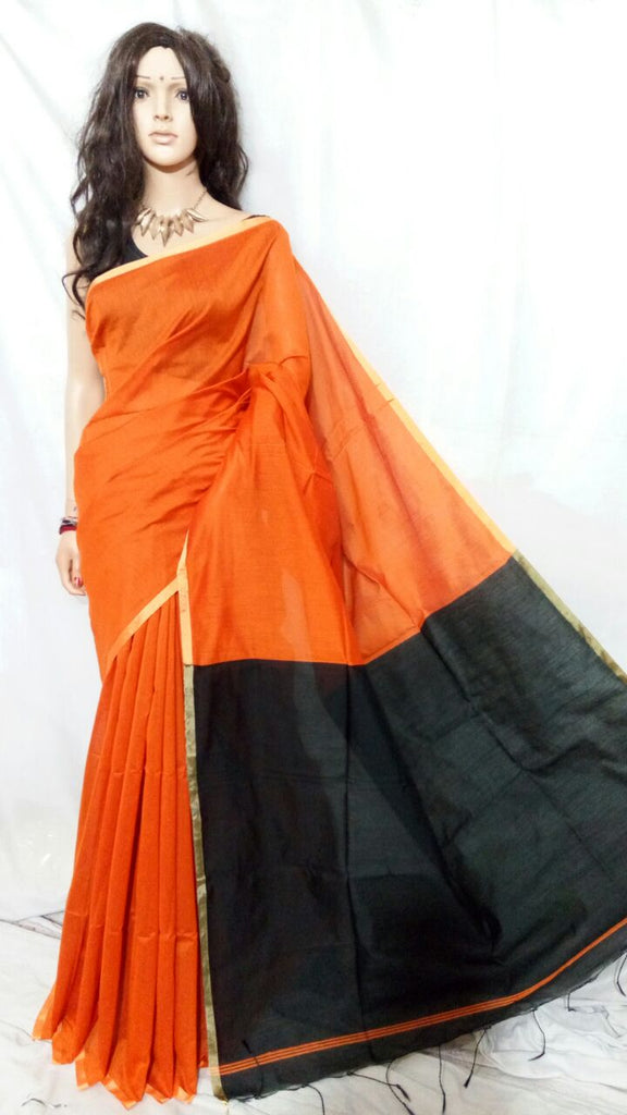 Orange Black Pure Cotton Silk Sarees