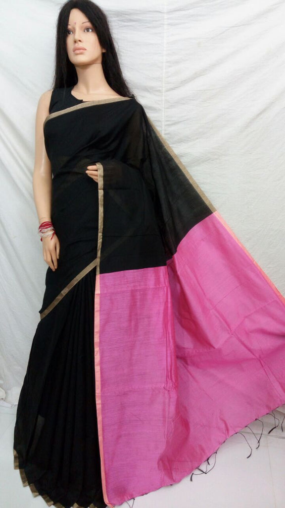 Black Pink Pure Cotton Silk Sarees