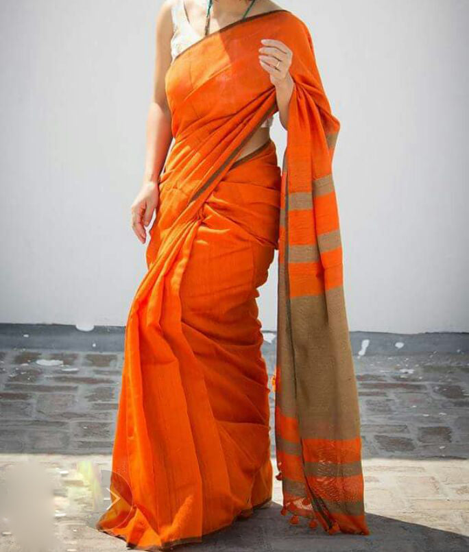 Orange Pure Cotton Silk Sarees - Dailybuyys