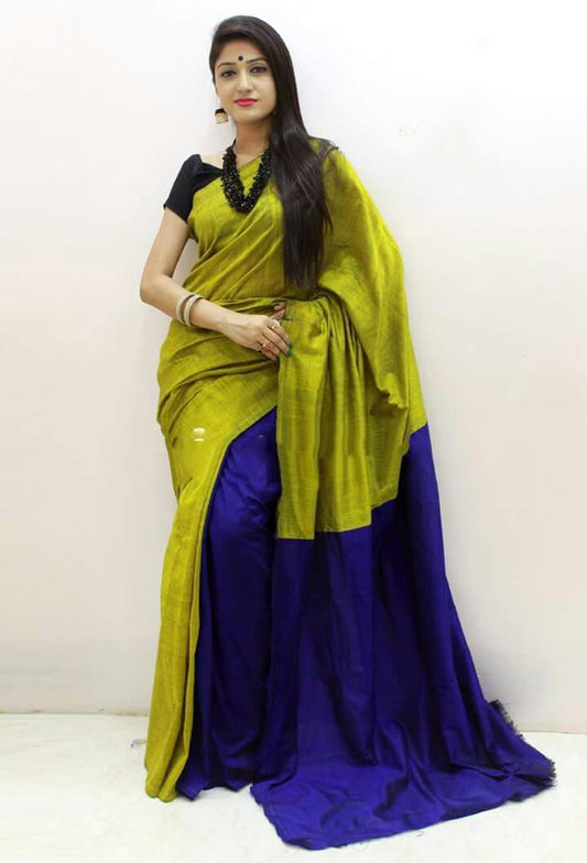 Yellow Blue Pure Cotton Silk Sarees - Dailybuyys
