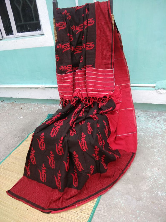 Red Balck Pure Cotton Khesh Sarees - Dailybuyys