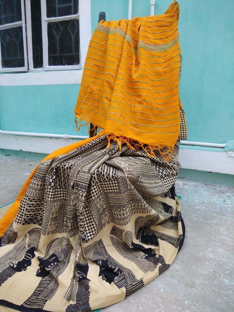 Yellow Beige Pure Cotton Khesh Sarees