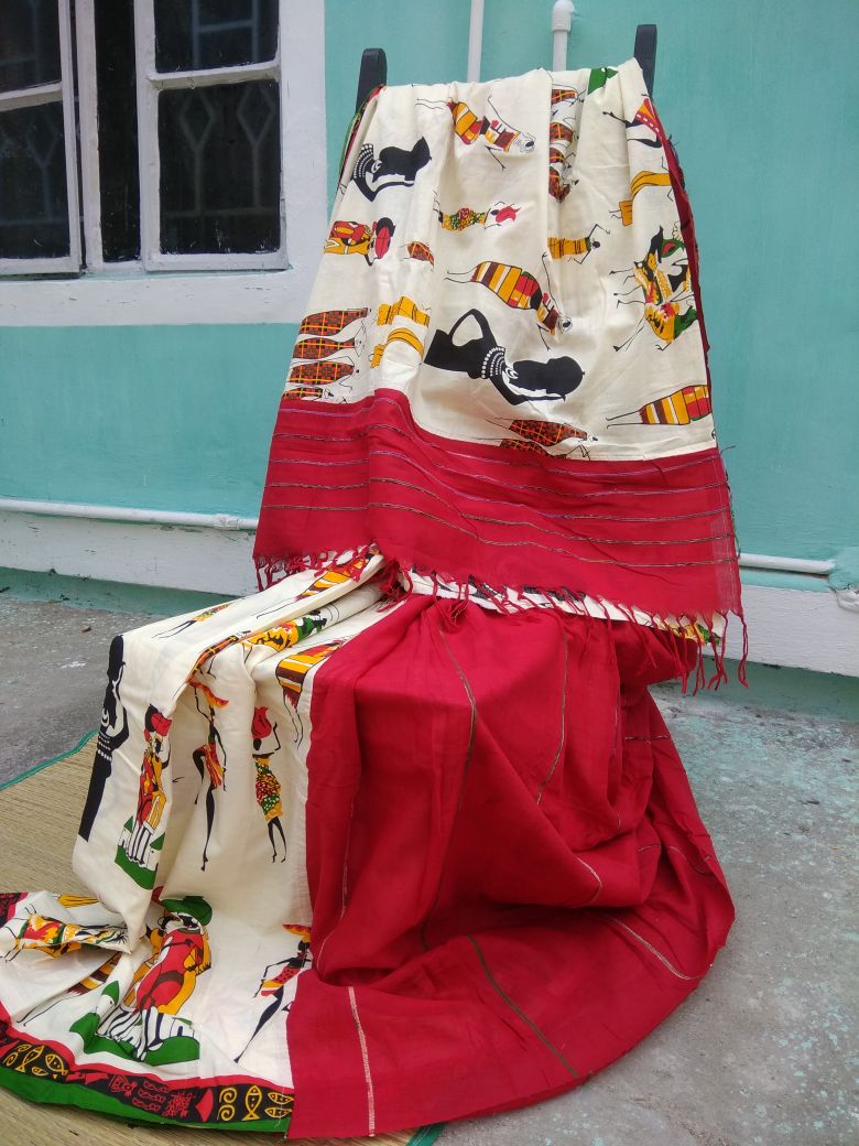 Red Beige Pure Cotton Khesh Sarees - Dailybuyys