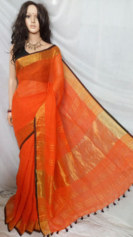 Orange 80 Count Handloom Pure Linen Sarees