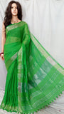 Green 80 Count Handloom Pure Linen Sarees Get Extra 10% Discount on All Prepaid Transaction