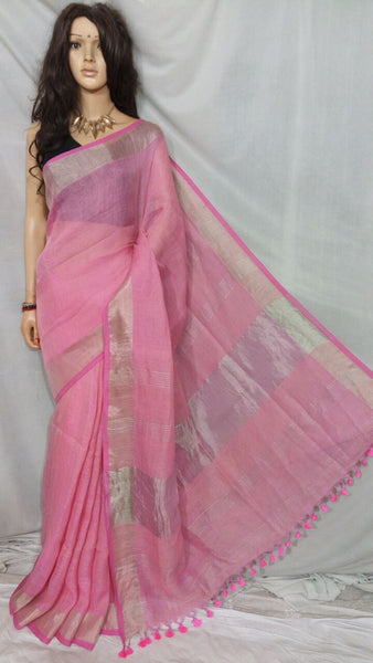 Pink 80 Count Handloom Pure Linen Sarees