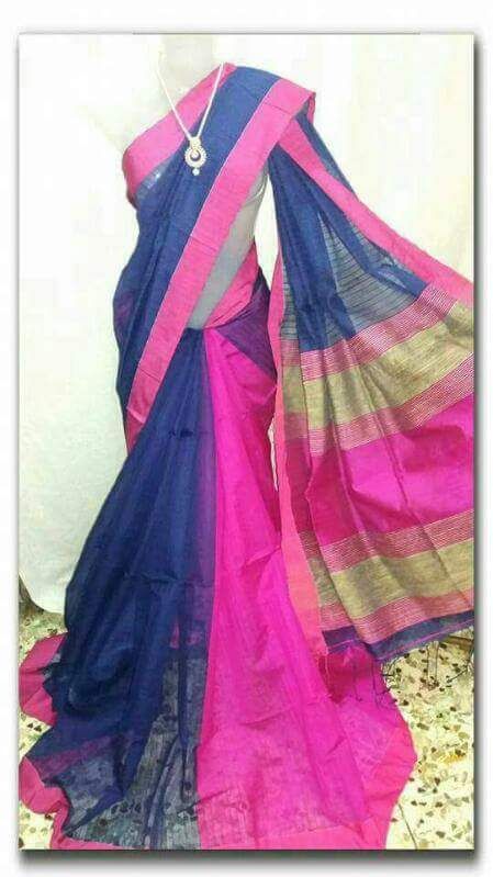 MH Traditional Paithani Cotton Silk Saree With Contrast Blouse Pieces (  Navy Blue & Pink)