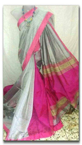 Grey Pink Handloom Ghicha Sarees Get Extra 10% Discount on All Prepaid Transaction