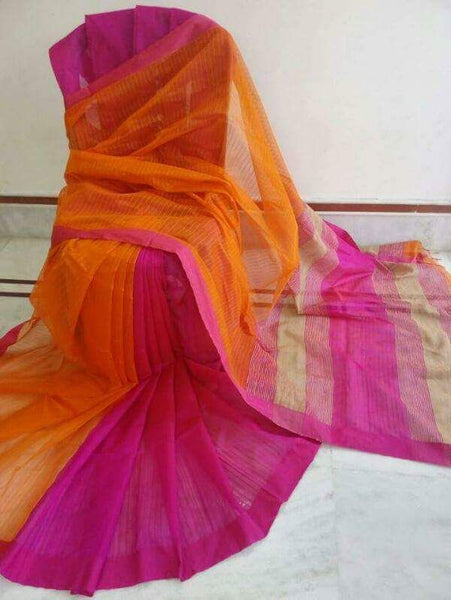 Orange Pink Handloom Ghicha Sarees