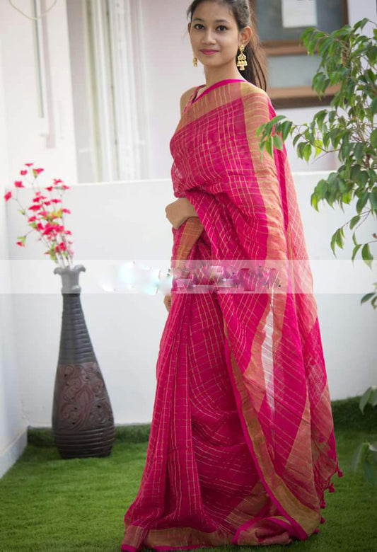 Pink Pure Linen Sarees - Dailybuyys