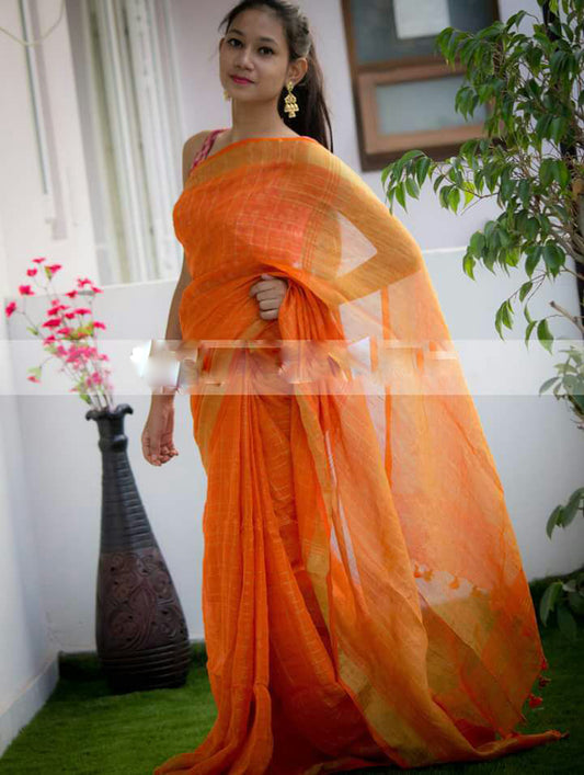 Orange Pure Linen Sarees - Dailybuyys