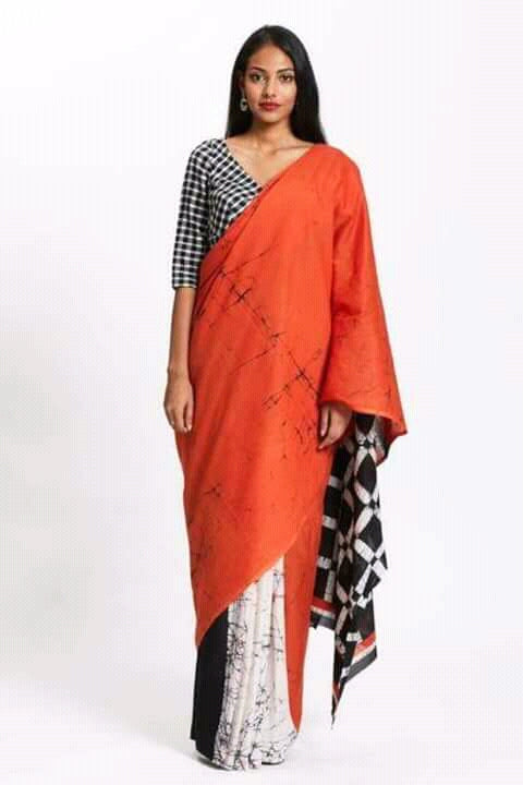 Orange Grey Mulmul Batik Sarees - Dailybuyys