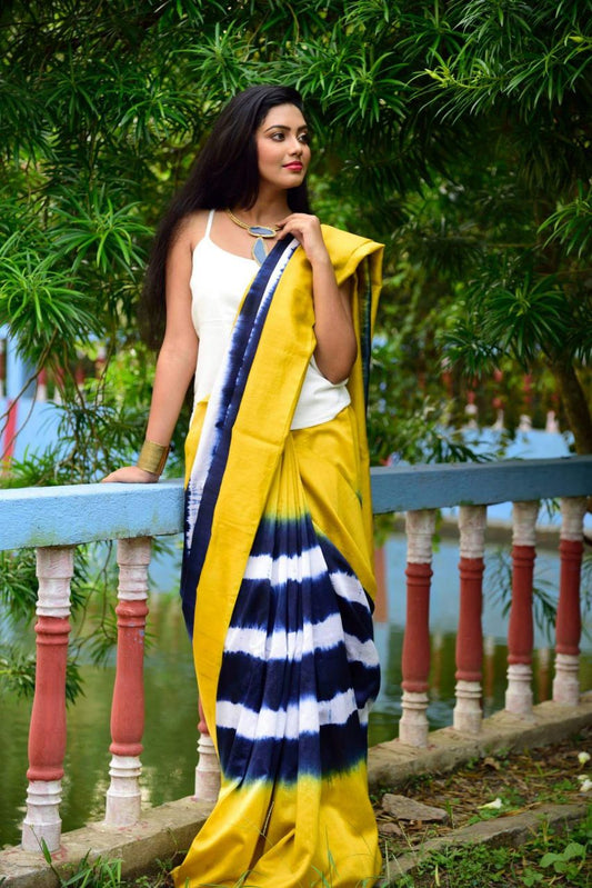 Yellow Black Mulmul Batik Sarees - Dailybuyys